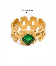 Square Green Stone 18K Gold Plated Jewelry Women Stainless Steel Wholesale Ring