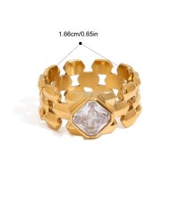 Square Clear Stone 18K Gold Plated Jewelry Women Stainless Steel Wholesale Ring