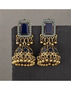 Middle East Vintage Square Gem and Bells Drops Graceful Wholesale Women Dangle Earrings - Golden and Blue