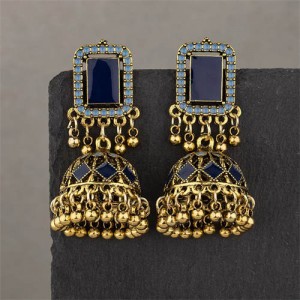 Middle East Vintage Square Gem and Bells Drops Graceful Wholesale Women Dangle Earrings - Golden and Blue