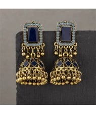 Middle East Vintage Square Gem and Bells Drops Graceful Wholesale Women Dangle Earrings - Golden and Blue