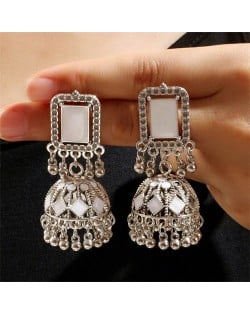 Middle East Vintage Square Gem and Bells Drops Graceful Wholesale Women Dangle Earrings - Silver and White