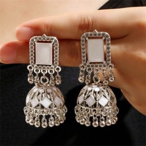 Middle East Vintage Square Gem and Bells Drops Graceful Wholesale Women Dangle Earrings - Silver and White