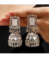 Middle East Vintage Square Gem and Bells Drops Graceful Wholesale Women Dangle Earrings - Silver and White