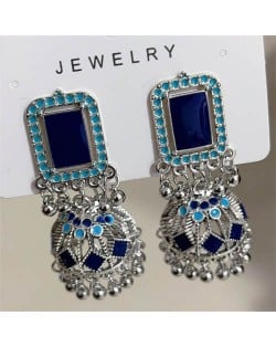 Middle East Vintage Square Gem and Bells Drops Graceful Wholesale Women Dangle Earrings - Silver and Blue