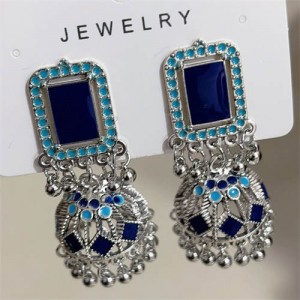 Middle East Vintage Square Gem and Bells Drops Graceful Wholesale Women Dangle Earrings - Silver and Blue