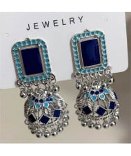 Middle East Vintage Square Gem and Bells Drops Graceful Wholesale Women Dangle Earrings - Silver and Blue