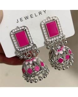 Middle East Vintage Square Gem and Bells Drops Graceful Wholesale Women Dangle Earrings - Silver and Pink