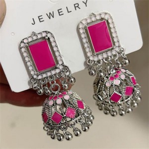 Middle East Vintage Square Gem and Bells Drops Graceful Wholesale Women Dangle Earrings - Silver and Pink