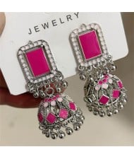 Middle East Vintage Square Gem and Bells Drops Graceful Wholesale Women Dangle Earrings - Silver and Pink