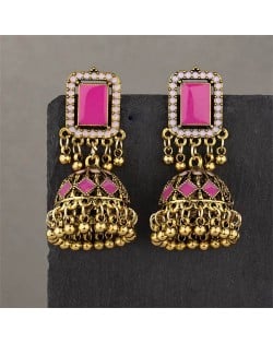 Middle East Vintage Square Gem and Bells Drops Graceful Wholesale Women Dangle Earrings - Golden and Pink
