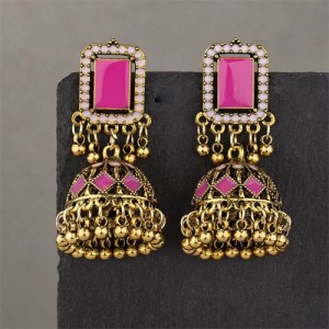 Middle East Vintage Square Gem and Bells Drops Graceful Wholesale Women Dangle Earrings - Golden and Pink