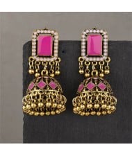Middle East Vintage Square Gem and Bells Drops Graceful Wholesale Women Dangle Earrings - Golden and Pink