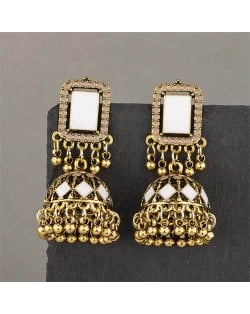 Middle East Vintage Square Gem and Bells Drops Graceful Wholesale Women Dangle Earrings - Golden and White
