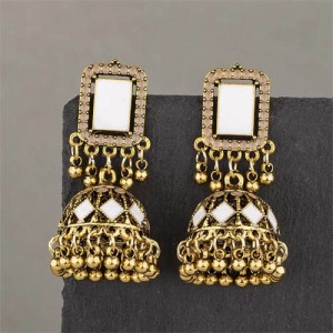 Middle East Vintage Square Gem and Bells Drops Graceful Wholesale Women Dangle Earrings - Golden and White