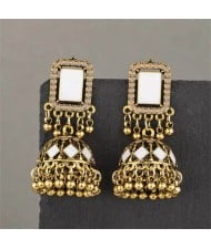 Middle East Vintage Square Gem and Bells Drops Graceful Wholesale Women Dangle Earrings - Golden and White
