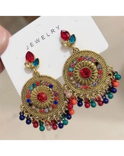 Bohemian Fashion Rhinestone Embellished and Beads Tassel Vintage Wholesale Women Round Dangle Earrings - Colorful