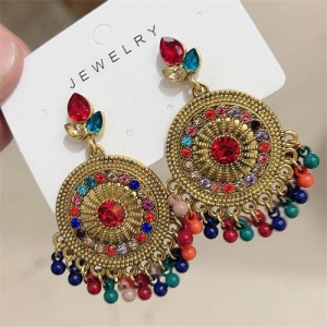 Bohemian Fashion Rhinestone Embellished and Beads Tassel Vintage Wholesale Women Round Dangle Earrings - Colorful