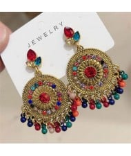 Bohemian Fashion Rhinestone Embellished and Beads Tassel Vintage Wholesale Women Round Dangle Earrings - Colorful