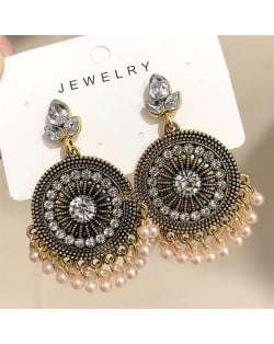 Bohemian Fashion Rhinestone Embellished and Beads Tassel Vintage Wholesale Women Round Dangle Earrings - White