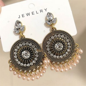 Bohemian Fashion Rhinestone Embellished and Beads Tassel Vintage Wholesale Women Round Dangle Earrings - White