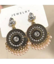 Bohemian Fashion Rhinestone Embellished and Beads Tassel Vintage Wholesale Women Round Dangle Earrings - White