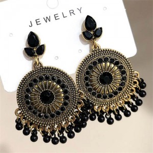 Bohemian Fashion Rhinestone Embellished and Beads Tassel Vintage Wholesale Women Round Dangle Earrings - Black