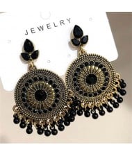 Bohemian Fashion Rhinestone Embellished and Beads Tassel Vintage Wholesale Women Round Dangle Earrings - Black