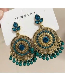Bohemian Fashion Rhinestone Embellished and Beads Tassel Vintage Wholesale Women Round Dangle Earrings - Blue