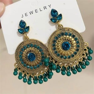 Bohemian Fashion Rhinestone Embellished and Beads Tassel Vintage Wholesale Women Round Dangle Earrings - Blue