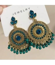 Bohemian Fashion Rhinestone Embellished and Beads Tassel Vintage Wholesale Women Round Dangle Earrings - Blue