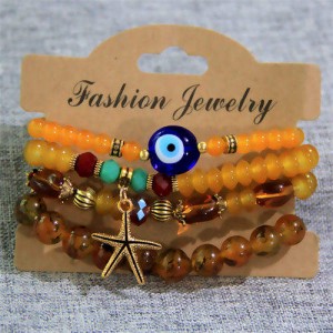 Starfish and Evil Eye Lucky Charm Multi-layer Beads Wholesale Costume Bracelet - Brown