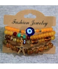 Starfish and Evil Eye Lucky Charm Multi-layer Beads Wholesale Costume Bracelet - Brown