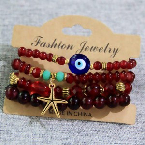 Starfish and Evil Eye Lucky Charm Multi-layer Beads Wholesale Costume Bracelet - Red
