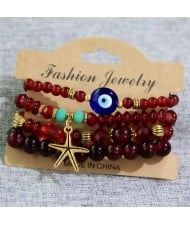 Starfish and Evil Eye Lucky Charm Multi-layer Beads Wholesale Costume Bracelet - Red