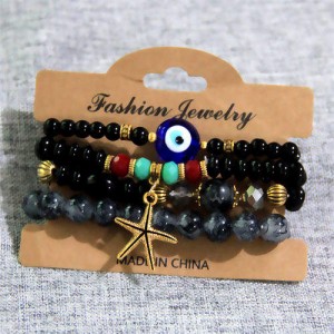 Starfish and Evil Eye Lucky Charm Multi-layer Beads Wholesale Costume Bracelet - Black
