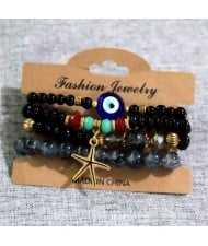 Starfish and Evil Eye Lucky Charm Multi-layer Beads Wholesale Costume Bracelet - Black