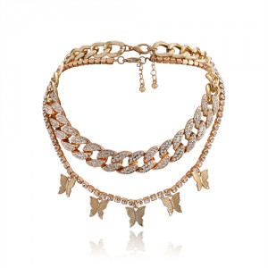 Hiphop Fashion Two Layers Rhinestone Butterfly Design Chain Women Necklace