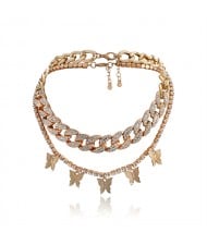 Hiphop Fashion Two Layers Rhinestone Butterfly Design Chain Women Necklace