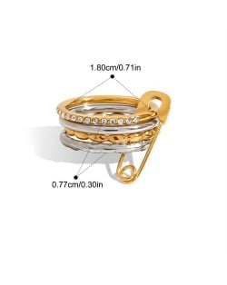 Two Tone Combo Pin Design 18K Gold Plated Jewelry Rhinestone Women Stainless Steel Wholesale Ring