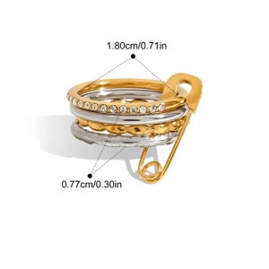 Two Tone Combo Pin Design 18K Gold Plated Jewelry Rhinestone Women Stainless Steel Wholesale Ring