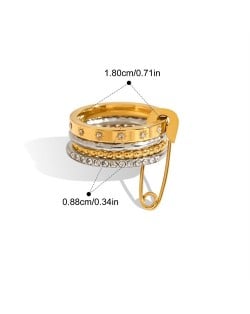Rhinestone Decor Pin Design 18K Gold Plated Jewelry Women Stainless Steel Wholesale Ring