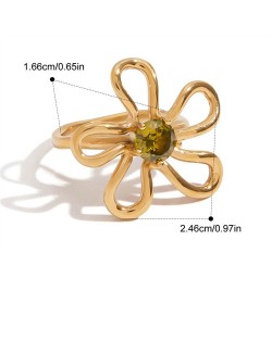 Green Stone Big Flower Design 18K Gold Plated Jewelry Women Stainless Steel Wholesale Ring - Golden