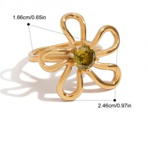 Green Stone Big Flower Design 18K Gold Plated Jewelry Women Stainless Steel Wholesale Ring - Golden