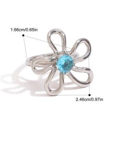 Blue Stone Big Flower Design 18K Gold Plated Jewelry Women Stainless Steel Wholesale Ring - Silver