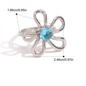 Blue Stone Big Flower Design 18K Gold Plated Jewelry Women Stainless Steel Wholesale Ring - Silver