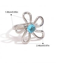 Blue Stone Big Flower Design 18K Gold Plated Jewelry Women Stainless Steel Wholesale Ring - Silver