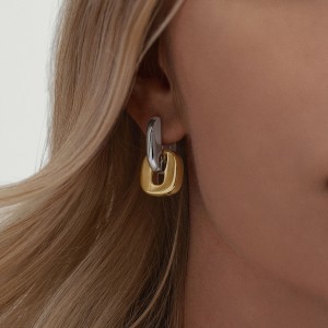Square Circle Disign Fashion Stainless Steel Wholesale Earrings - Two Tone