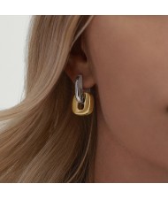 Square Circle Disign Fashion Stainless Steel Wholesale Earrings - Two Tone