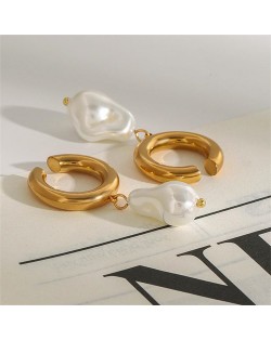 Open-end Circle with Irregular Pearl Pendant Fashion Stainless Steel Wholesale Earrings